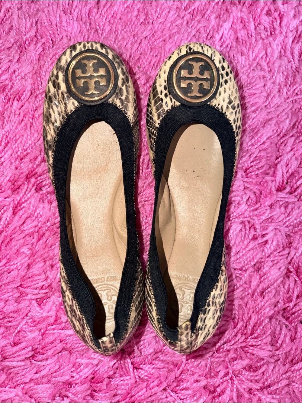 Tory Burch Snake-Print Ballet Flats with Black Trim